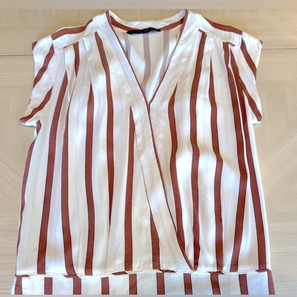Zara Basics Drop Waist V-Neck Cream/Brown Striped Dress - Size Small - Picture 12 of 16